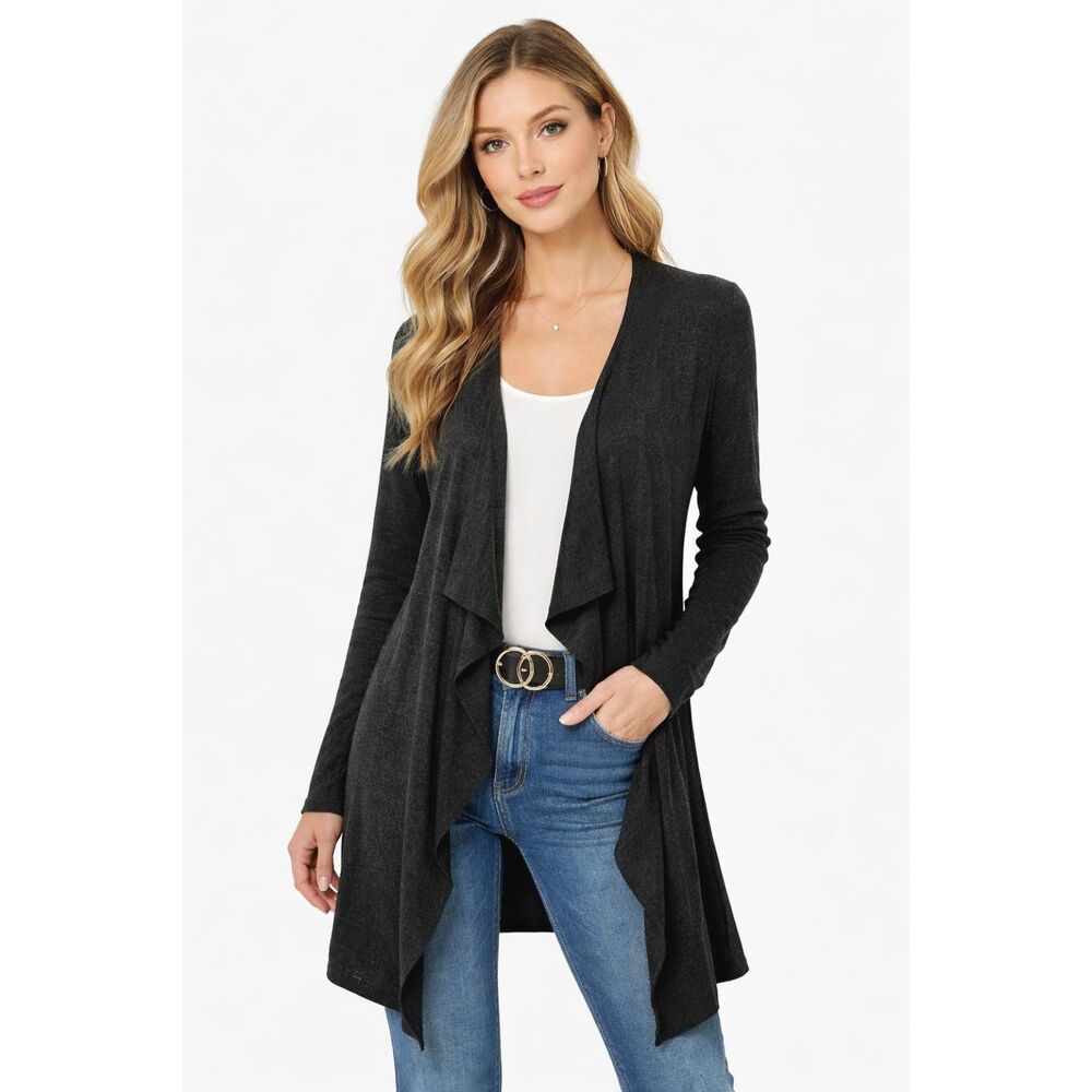 Eileen Fisher Long Line Soft Long Sleeve Waterfall Knit Casual Cardigan Sweater
